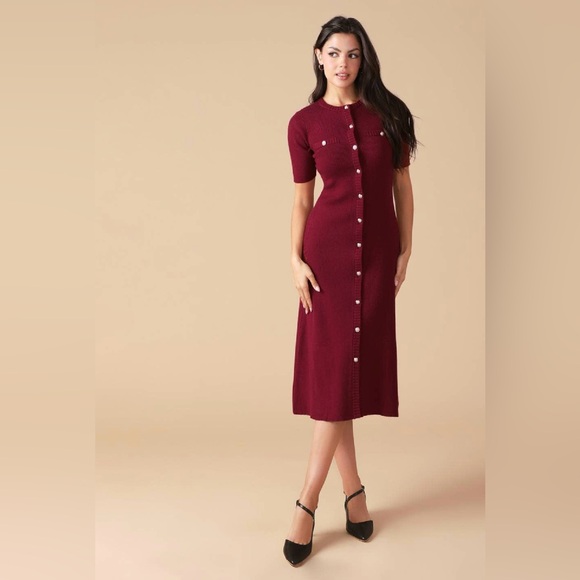 Dresses & Skirts - Burgundy Knit Midi Dress |Button-Down Sweater Dress|Elegant Fall/Winter Look|M–L